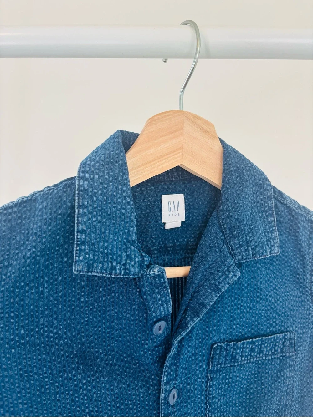 GAP Kids Indigo Textured Short-Sleeve Button-Down Shirt | 100% Cotton